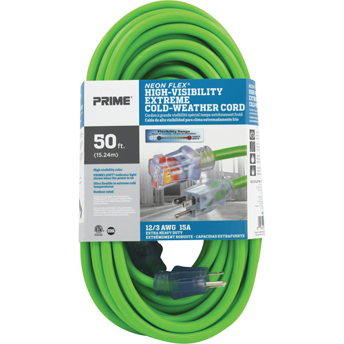 Neon Flex&reg; High Visibility Extension Cord, Outdoor, SJTW, 12/3 AWG, 15 A, 50' We Share Industrial Supply