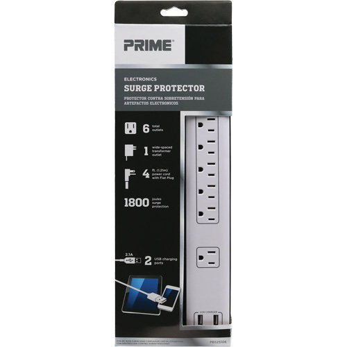 Limiteurs de surtension avec chargeur USB, 6 Prises, 1800 J, 1875 W, Cordon 4' We Share Industrial Supply
