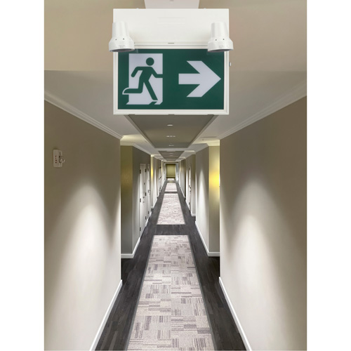 Enseigne d'homme qui court avec &eacute;clairage de s&eacute;curit&eacute;, DEL, &agrave; piles/&agrave; raccordement fixe, 12-1/10" lo x 11" la, Pictogramme We Share Industrial Supply