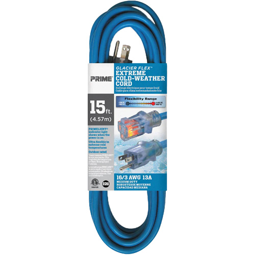 Glacier Flex&reg; Extreme Cold Weather Extension Cord, Outdoor, SJTW, 16/3 AWG, 13 A, 15' We Share Industrial Supply