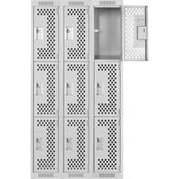 Clean Line Lockers, 3 -tier, Bank of 3, 36" x 12" x 72", Steel, Grey, Rivet (Assembled), Perforated We Share Industrial Supply