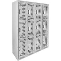 Clean Line Lockers, 3 -tier, Bank of 4, 48" x 12" x 72", Steel, Grey, Rivet (Assembled), Perforated We Share Industrial Supply