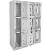 Clean Line Lockers, 3 -tier, Bank of 4, 48" x 12" x 72", Steel, Grey, Rivet (Assembled), Perforated We Share Industrial Supply