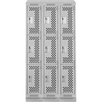 Clean Line Lockers, 3 -tier, Bank of 3, 36" x 15" x 82", Steel, Grey, Rivet (Assembled), Perforated We Share Industrial Supply