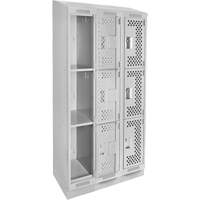 Clean Line Lockers, 3 -tier, Bank of 3, 36" x 15" x 82", Steel, Grey, Rivet (Assembled), Perforated We Share Industrial Supply