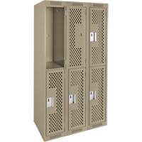Clean Line Lockers, 2 -tier, Bank of 3, 36" x 12" x 72", Steel, Beige, Rivet (Assembled), Perforated We Share Industrial Supply