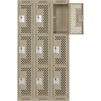 Clean Line Lockers, 3 -tier, Bank of 3, 36" x 12" x 72", Steel, Beige, Rivet (Assembled), Perforated We Share Industrial Supply