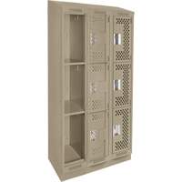 Clean Line Lockers, 3 -tier, Bank of 3, 36" x 15" x 82", Steel, Beige, Rivet (Assembled), Perforated We Share Industrial Supply