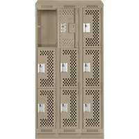 Clean Line Lockers, 3 -tier, Bank of 3, 36" x 15" x 82", Steel, Beige, Rivet (Assembled), Perforated We Share Industrial Supply