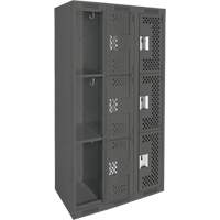 Clean Line Lockers, 3 -tier, Bank of 3, 36" x 12" x 72", Steel, Charcoal, Rivet (Assembled), Perforated We Share Industrial Supply