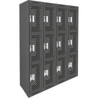 Clean Line Lockers, 3 -tier, Bank of 4, 48" x 12" x 72", Steel, Charcoal, Rivet (Assembled), Perforated We Share Industrial Supply