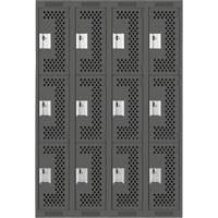 Clean Line Lockers, 3 -tier, Bank of 4, 48" x 12" x 72", Steel, Charcoal, Rivet (Assembled), Perforated We Share Industrial Supply