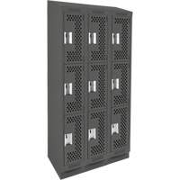 Clean Line Lockers, 3 -tier, Bank of 3, 36" x 15" x 82", Steel, Charcoal, Rivet (Assembled), Perforated We Share Industrial Supply