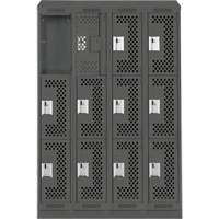 Clean Line Lockers, 3 -tier, Bank of 4, 48" x 15" x 82", Steel, Charcoal, Rivet (Assembled), Perforated We Share Industrial Supply
