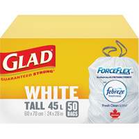 Sacs &agrave; ordures hauts 45 L avec Febreze, R&eacute;gulier, 24" la x 28" lo, Blanc We Share Industrial Supply