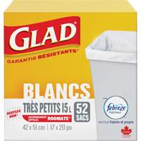 Tr&egrave;s petits sacs &agrave; ordures 15 L avec Febreze, R&eacute;gulier, 17" la x 20" lo, Blanc We Share Industrial Supply