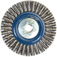 Brosse &agrave; fils nou&eacute;s pour cordons de soudure pour meuleuse angulaire, Dia. 4", Fils 0,02", Arbre 5/8"-11, Acier inoxydable We Share Industrial Supply