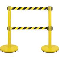 Barri&egrave;re pour le contr&ocirc;le des foules &agrave; courroie double, Acier, 35" h, Ruban Noir/Jaune, Longueur du ruban 7' We Share Industrial Supply