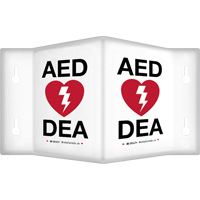 Enseigne &agrave; projection sur 90°  AED/ DEA , 9" x 6", Plastique, Bilingue avec pictogramme We Share Industrial Supply