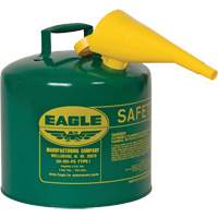 Bidon de s&eacute;curit&eacute; pour les combustibles avec entonnoir, Type I, Acier galvanis&eacute;, 5 gal. US, Vert, Homologu&eacute; FM/List&eacute; UL/ULC We Share Industrial Supply