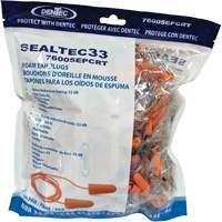 Bouchons d'oreilles coniques jetables en mousse de PU orange SEALTEC33, Vrac - Sac en poly, Avec cordon We Share Industrial Supply